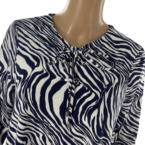Jude Connally Lace Up Tie Neck Blue Zebra Striped White Top - Picture 3 of 8
